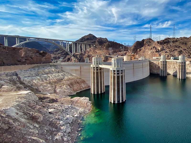The Hoover Dam and Mike O'Callaghan-Pat Tilman Memorial Bridge, as seen from the top of the dam