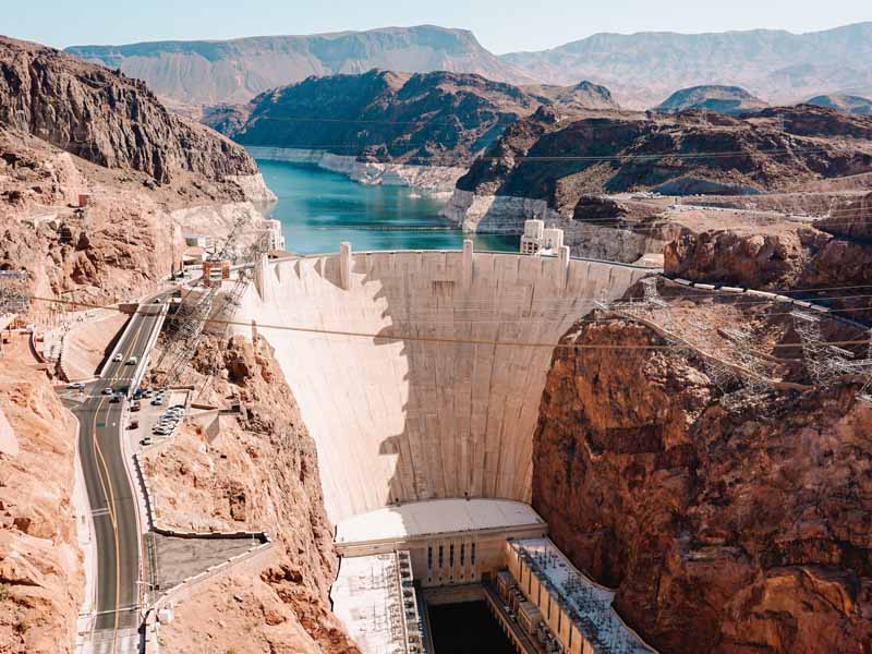 The Hoover Dam, Lake Mead, and the road leaidng to the dam