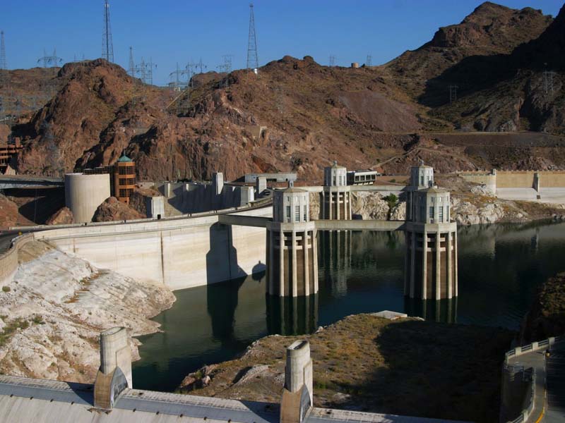 The Hoover Dam and its structures as seen from the top of the dam
