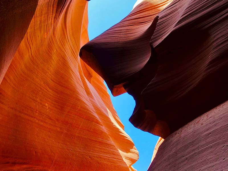 A close up of two, curved rock walls at Antelope Canyon