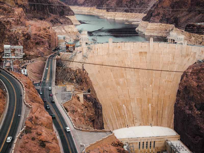 A view of the Hoover Dam and the road leading to it